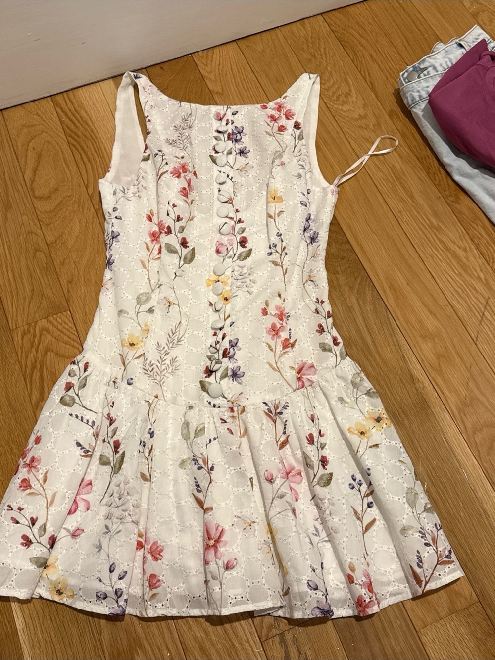 Fortunate One White Floral Eyelet Mini Dress with Button Front
